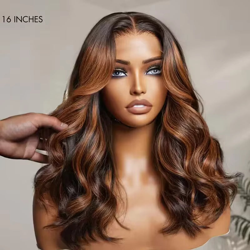 Image of 13x6 Transparent lace front European human hair wig displayed on a mannequin head showing full volume, rich bronze balayage color, natural hairline, 16 inch length, and natural wavy texture