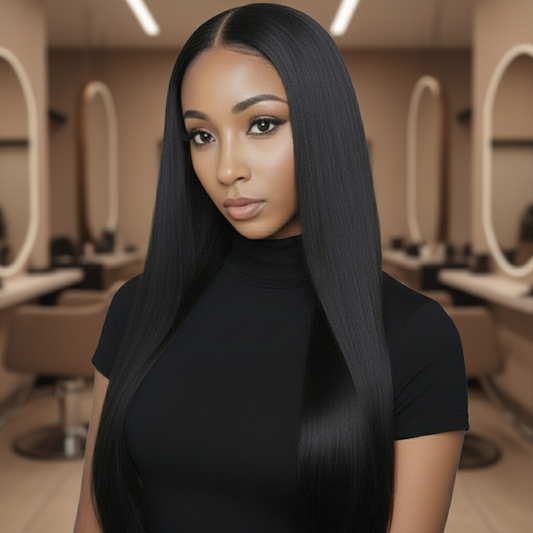 A model wearing the NuHaire 6x6 Straight Wig, which features a natural black color, premium human hair quality, and a 6x6 lace closure for a natural-looking hairline.