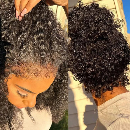 4c Hairline Kinky Curly Invisi-String Wig showcasing natural texture and hairline detail with elegant updo styling option