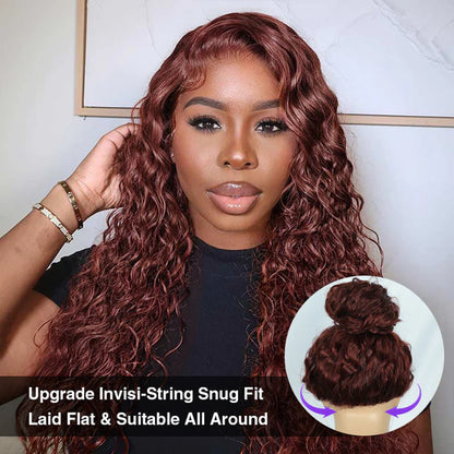 Deep Auburn Water Wave 360 Invisi-String HD Lace Wig on model showing natural hairline, styling versatility and glueless fit 