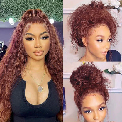Deep Auburn Water Wave Invisi-drawstring 360 Lace Glueless Wig styling versatility - half up half down hairstyle and elegant updo demonstration