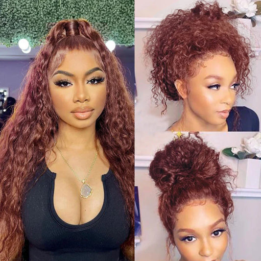 #33 Deep Auburn Water Wave Invisi-String Snug Fit 360 HD Lace Front Wig