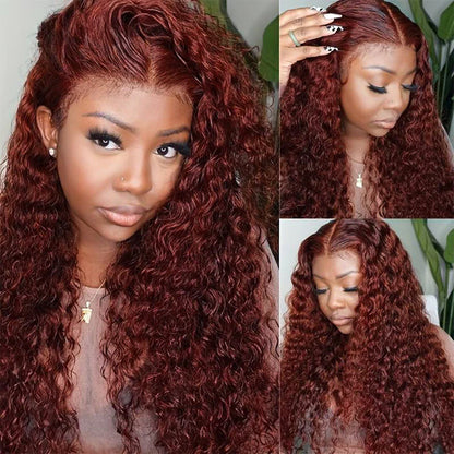 #33 Deep Auburn Water Wave Invisi-DrawString Full 360 Glueless HD Lace Wig showcasing natural texture and seamless lace blend