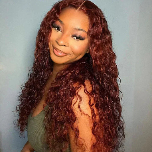 #33 Deep Auburn Water Wave Invisi-String 360 Full Glueless HD Lace Wig alternative angle view demonstrating secure Invisi-String technology