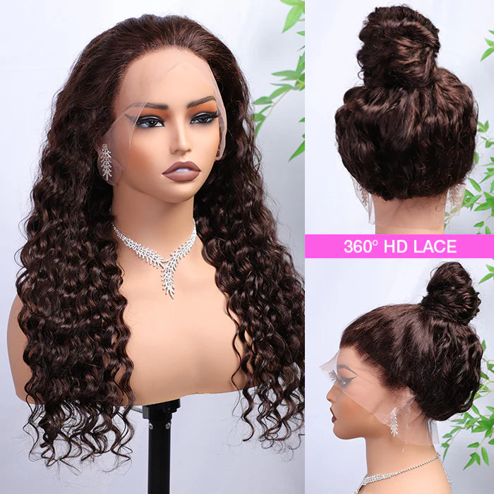 #4 Chocolate Brown Deep Wave Glueless Invisi-String Snug Fit 360 HD Lace Front Wig