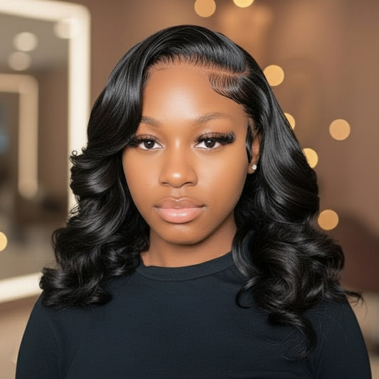 Another model wearing the NuHaire Short Body Wave Lace Front Human Hair Bob Wig, featuring a natural black color, premium human hair quality, a transparent lace front, and a natural hairline.