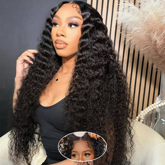 A woman models a NuHaire Beginner Friendly Deep Wave Human Hair wig with 180% density, showcasing its full volume from root to tip, along with a close-up that highlights the seamless 6x4 HD glueless lace closure.