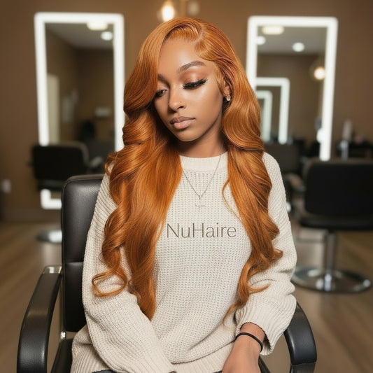 Female Model is wearing the NuHaire #350 Ginger Orange Body Wave Lace Front Human Hair Wig which showcases flowing body waves, a flawless ginger orange color, premium human hair quality, a transparent lace front, and a natural hairline.