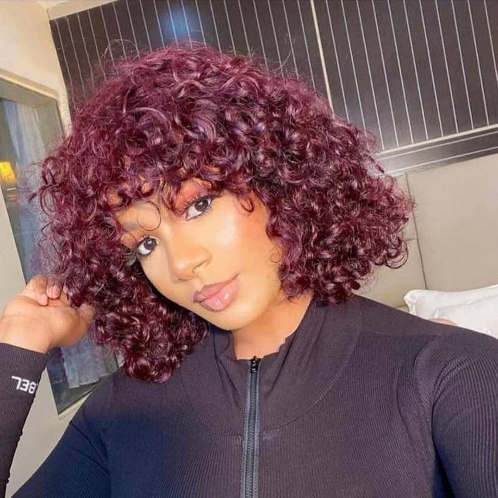 99J Burgundy Curly Wave Bob Wig With Bangs