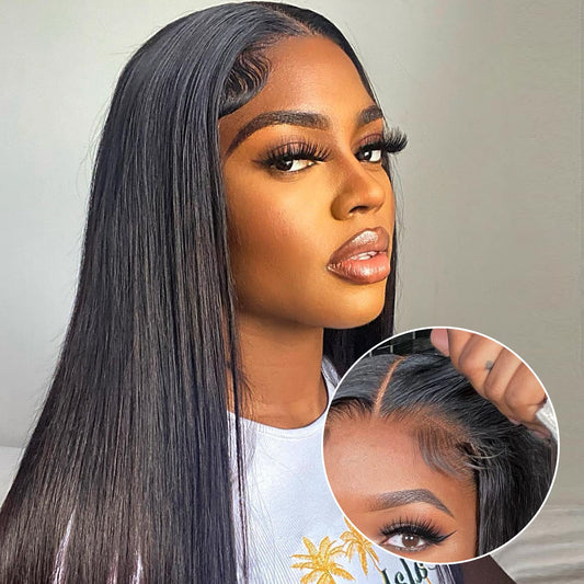 A woman is wearing an easy-to-install NuHaire straight wig with 180% density, providing full volume from root to tip, along with a close-up image of a seamless blend 6x4 HD glueless lace closure.