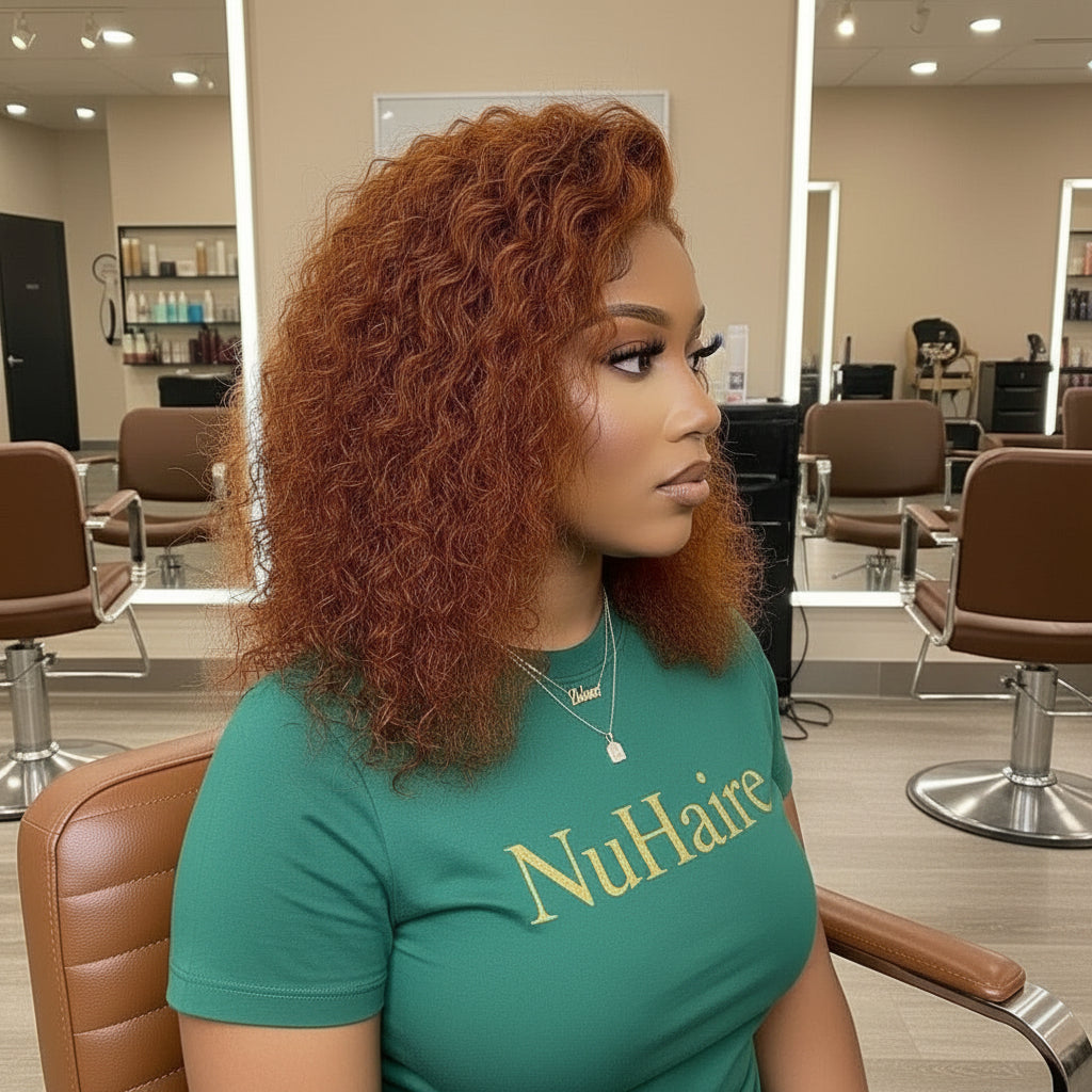 Side view of a Model wearing the NuHaireCurly Ginger (350) Transparent Lace Front Human Hair Wig, which showcases bouncy curls, a flawless ginger orange color, premium human hair quality, a 13x4 transparent lace front, and a natural hairline.
