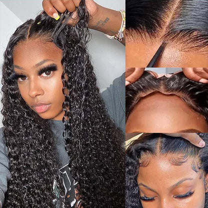 A woman models a NuHaire Deep Wave Human Hair wig with 180% density, showcasing its full volume from root to tip, along with a close-up that highlights the seamless 6x4 HD glueless lace closure.