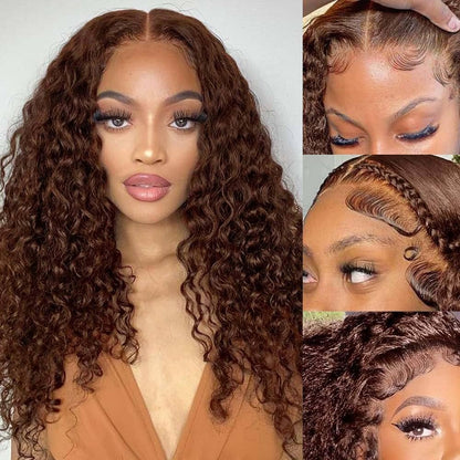 #4 Chocolate Brown Deep Wave Invisi-String Wig on model with detailed view of seamless Glueless HD lace hairline construction