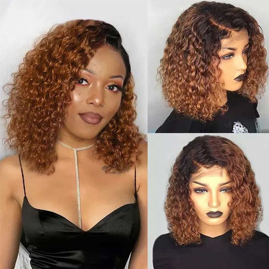 Two-part image - model wearing 1B/30 auburn ombre 14-inch curly bob wig on left side and side views of 4x4/13x4 HD lace wig on right showing gradual ombre color transition