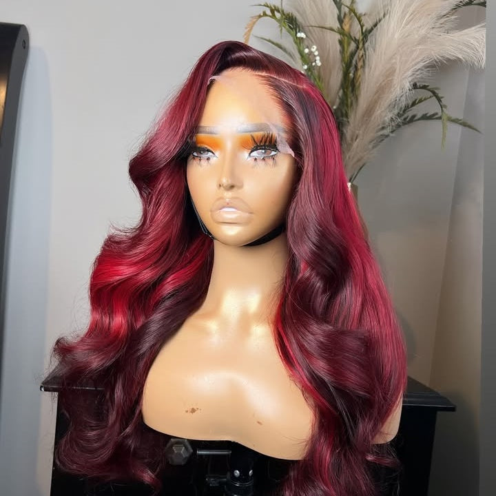 Different angle of 1B/99J burgundy ombre body wave wig with 13x4 transparent lace front displayed on mannequin head showing color transition and wave texture