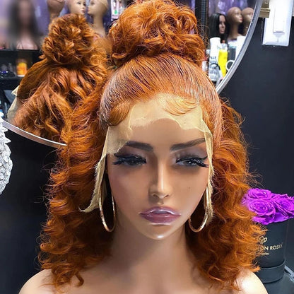 Ginger loose curly bob wig front view showing vibrant copper color and 13x4 transparent lace