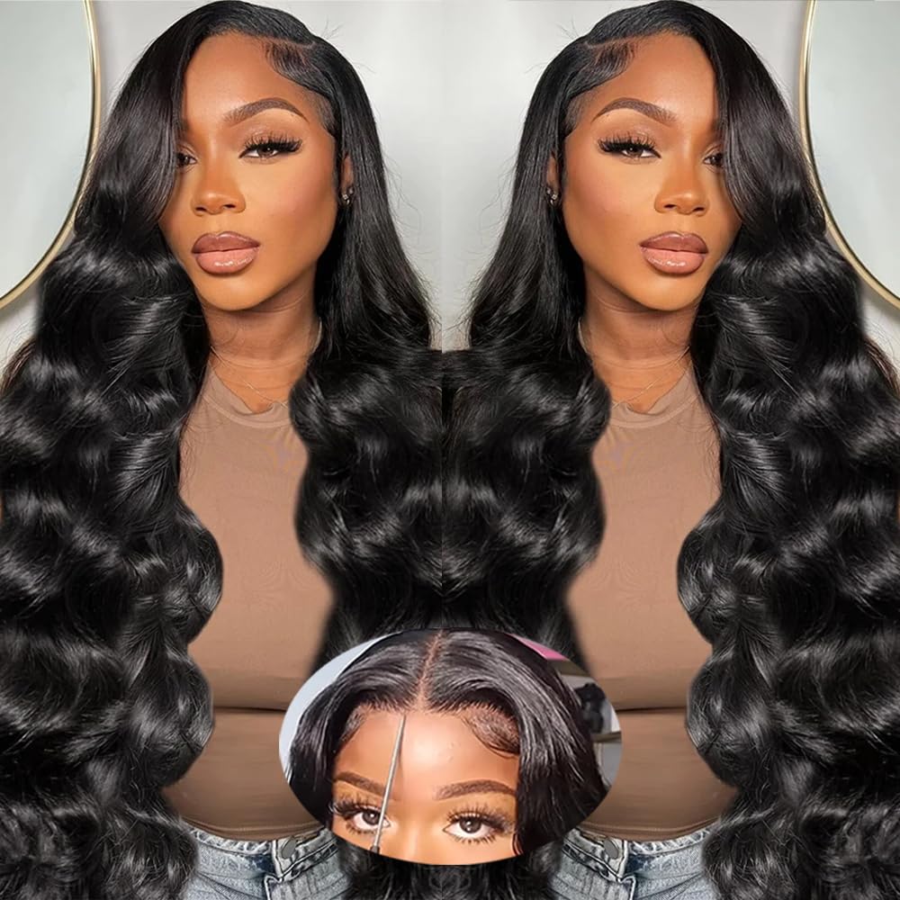 Body wave wig side by side comparison with HD lace detail showing natural hairline