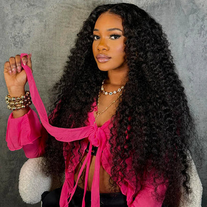 Woman wearing kinky curly glueless wig showing natural bounce and 7x5 HD lace front