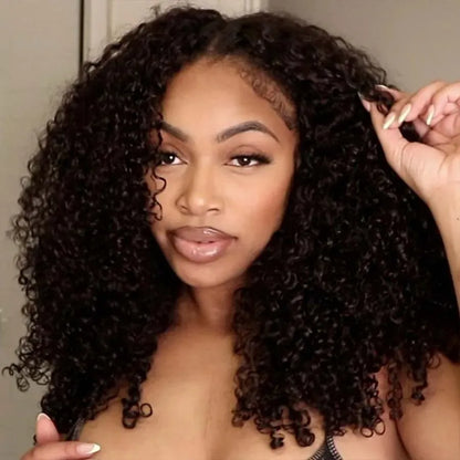 Kinky curly wig showcasing voluminous texture and natural movement on model