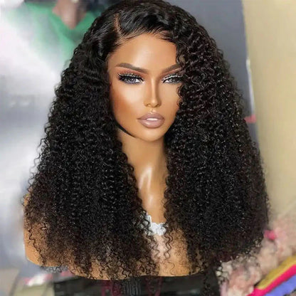 Kinky curly glueless wig on mannequin displaying natural black color and curl pattern