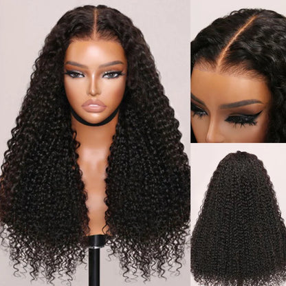 Kinky curly wig display showing front, back views and HD lace construction details