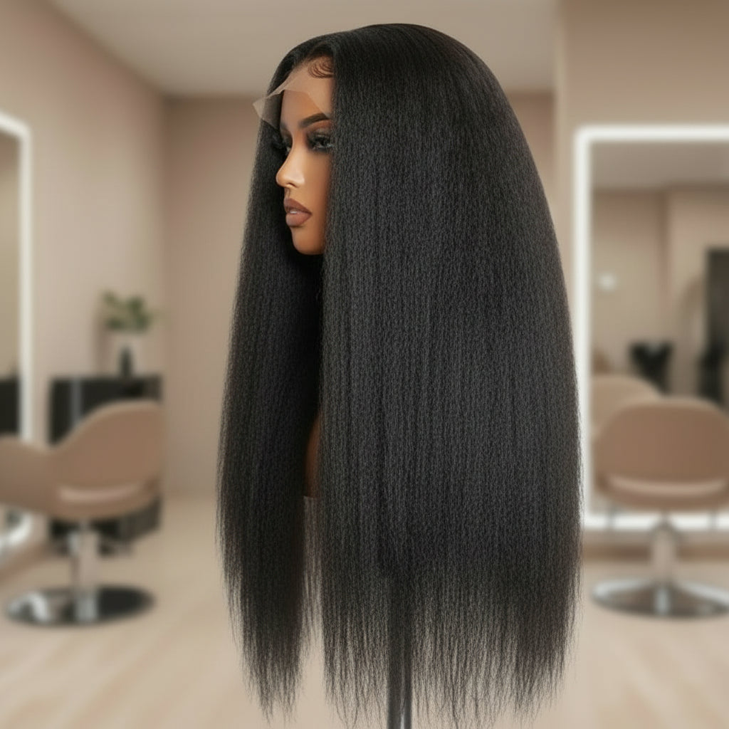 Side view of Ready to wear kinky straight wig on mannequin displaying natural black color and texture