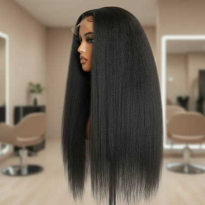 Side view of Ready to wear kinky straight wig on mannequin displaying natural black color and texture