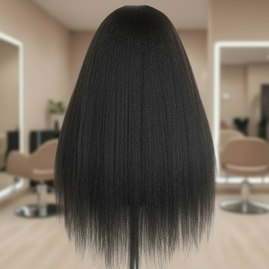Back view of Ready to wear kinky straight wig on mannequin displaying natural black color and texture
