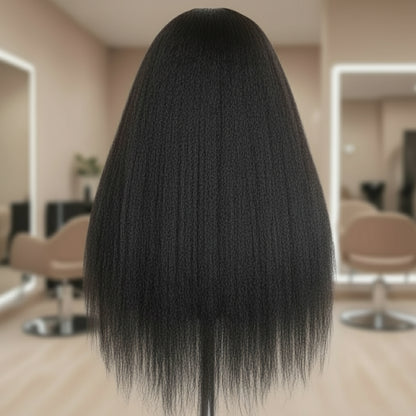 Back view of Ready to wear kinky straight wig on mannequin displaying natural black color and texture