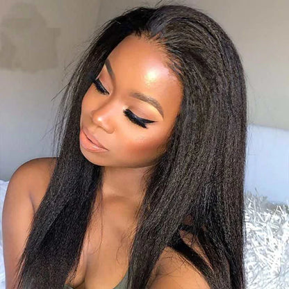 Close-up of 7x5 HD lace front on kinky straight wig showing invisible hairline and natural scalp appearance