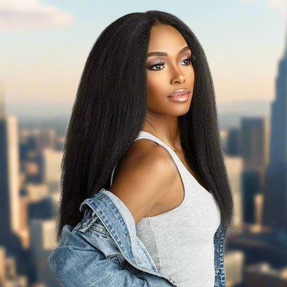 Kinky straight glueless wig showcasing natural movement and protective styling benefits
