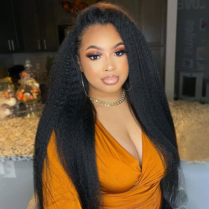 Woman wearing kinky straight glueless wig showing natural texture and 7x5 HD lace front