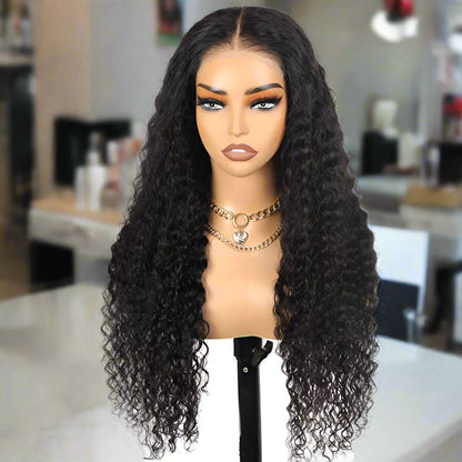 Water wave glueless wig on mannequin showing natural black color, HD Lace, and wave pattern