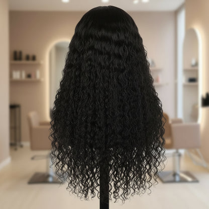 Back view of Water wave glueless wig on mannequin showing natural black color, HD Lace, and wave pattern