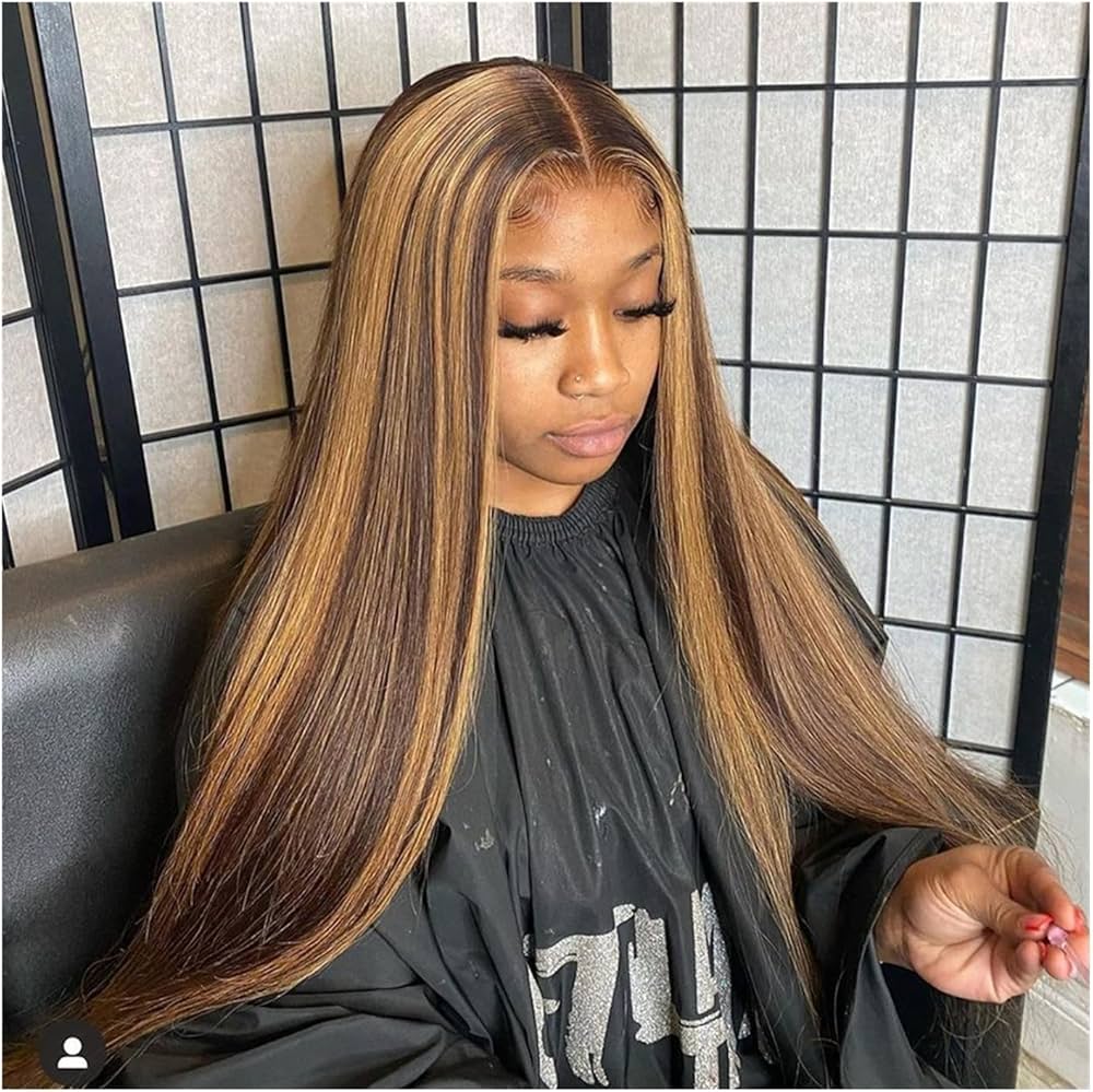 A model sitting in a salon chair wearing NuHaire's Honey Blonde Highlight Straight wig showcases flawless honey blonde highlights, premium human hair quality, 6x4 glueless construction, even strand length, and a naturally straight texture against a neutral background.