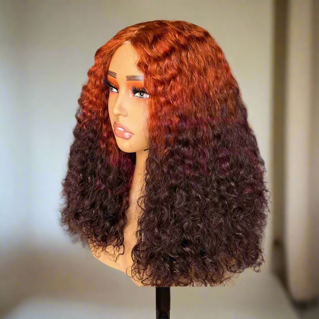 T Part Ginger Ombre 4/350 Curly Wave Lace Front Human Hair Wig