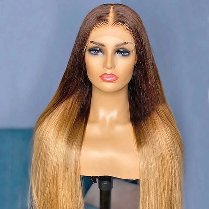Honey Blonde Ombre Straight 13x4 Human Hair Wig on mannequin showing dimensional color blend, natural hairline, high quality lace, and texture