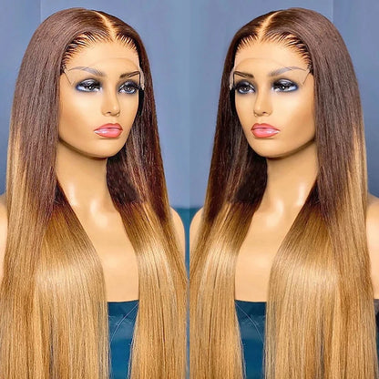 Honey Blonde Ombre Straight 13x4 Lace Front Wig side by side mannequin display showing ombre color dimension.