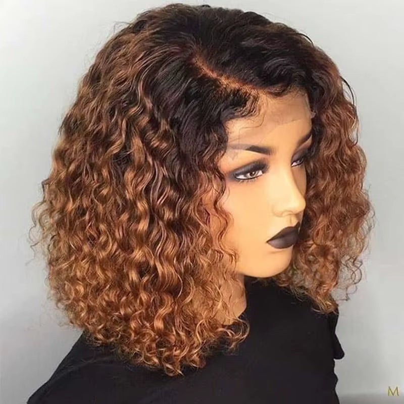1B/30 auburn ombre curly bob wigs with 4x4/13x4 HD lace displayed on mannequins from side angle showing auburn ombre color and bob lace front styling