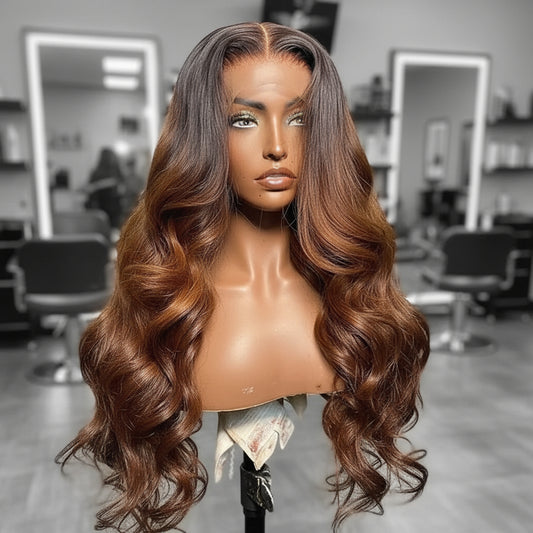 Different angle of Mannequin head featuring a NuHaire Ombre Honey Brown Loose Wave 13x4 Lace Front Human Hair Wig, showcasing rich honey brown ombre, flowing loose wave texture, and skin melt thin 13x4 transparent lace.