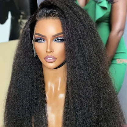 Kinky straight 13x6 HD lace front human hair wig displayed on mannequin showing kinky straight texture, natural hairline,  long length, full volume 200% density, and styling versatility