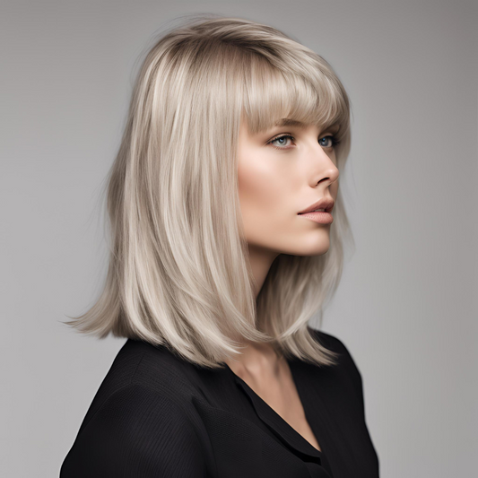 Short Straight Ash Blonde Highlight Human Hair Bob Wig with Bangs