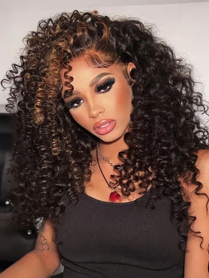 Different shot of Model showcasing NuHaire's Honey Blonde Skunk Stripe Burmese Spring Curly Wig, featuring a dark brown base with honey blonde skunk stripe highlights, bouncy spring curls, premium Burmese human hair, and a 13x4 HD transparent lace front.