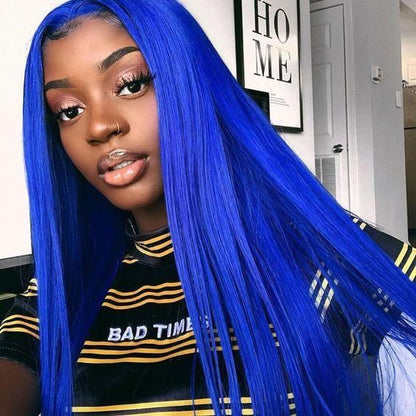 Model showcasing stunning royal blue straight wig displaying vibrant color, smooth texture and natural lace front hairline