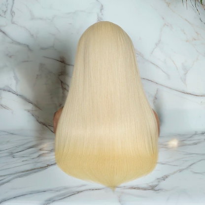 Back view of 12A grade white blonde wig showing full hair density and silky straight texture