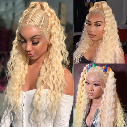 Models wearing 613 Blonde human hair wig showcasing deep wave texture, natural hairline, realistic scalp parting, styling versatily, and baby hair.