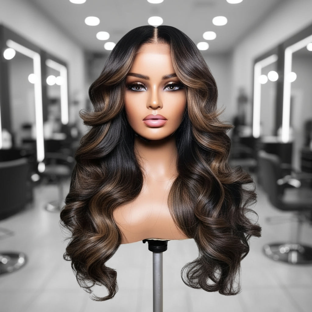 Front view of Mannequin head featuring a NuHaire Chestnut Brown Highlight Body Wave Human Hair Wig, showcasing rich chestnut brown highlights and a flowing body wave texture, complete with a thin 13x4 transparent lace.