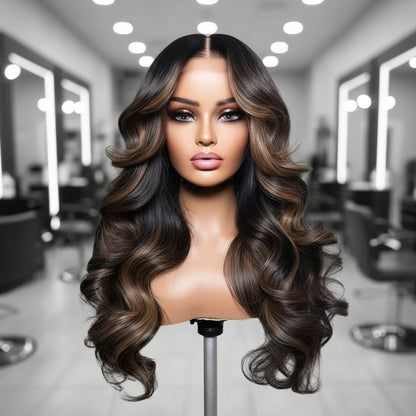 Front view of Mannequin head featuring a NuHaire Chestnut Brown Highlight Body Wave Human Hair Wig, showcasing rich chestnut brown highlights and a flowing body wave texture, complete with a thin 13x4 transparent lace.