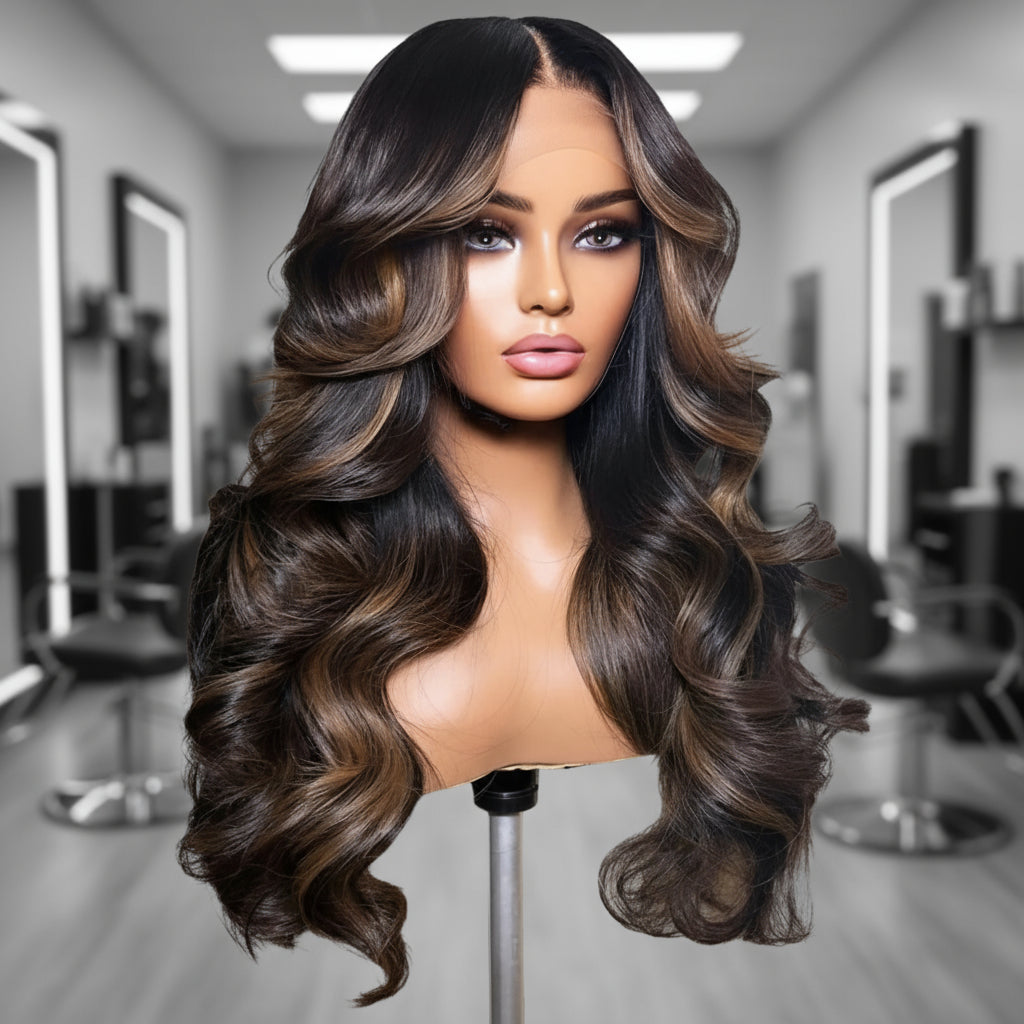 Mannequin head featuring a NuHaire Chestnut Brown Highlight Body Wave Human Hair Wig, showcasing rich chestnut brown highlights and a flowing body wave texture, complete with a thin 13x4 transparent lace.