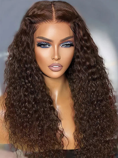 A mannequin head displaying NuHaire's Long Length Chocolate Brown Deep Curly Human Hair Wig, showcasing a flawless natural chocolate brown hair color, premium human hair quality, 13x4 lace front, seamless hairline, and flowing deep curly texture.